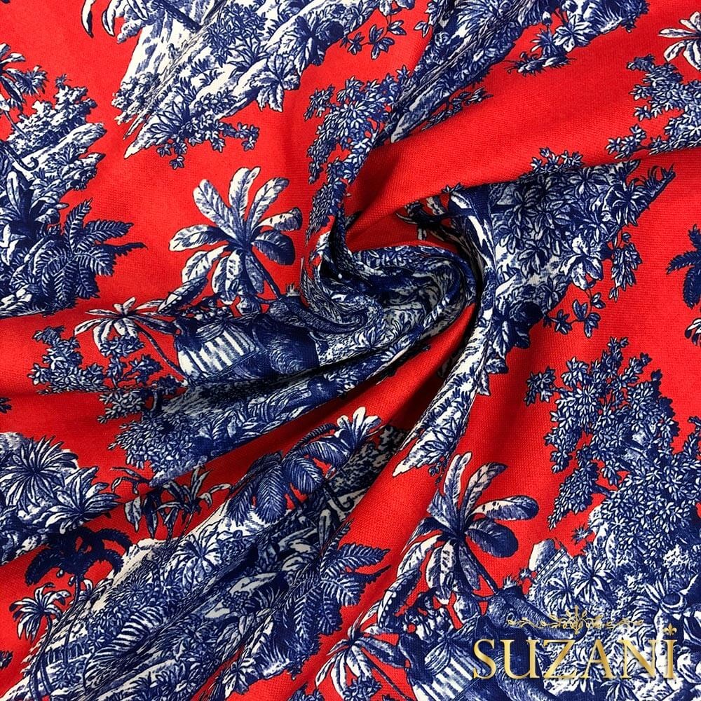 Mercan Bleu Blanc Desenli Dijital Baskılı Kumaş