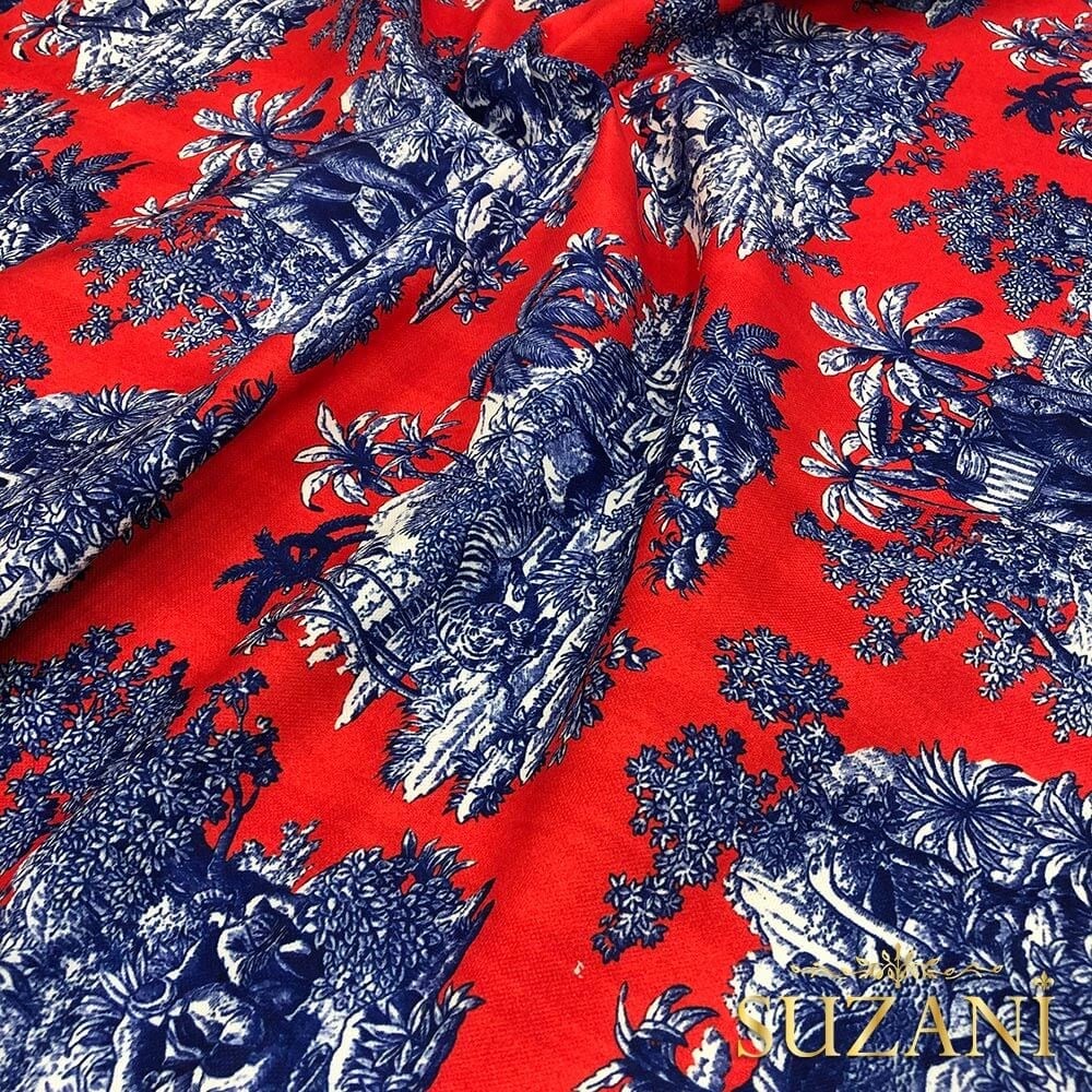 Mercan Bleu Blanc Desenli Dijital Baskılı Kumaş