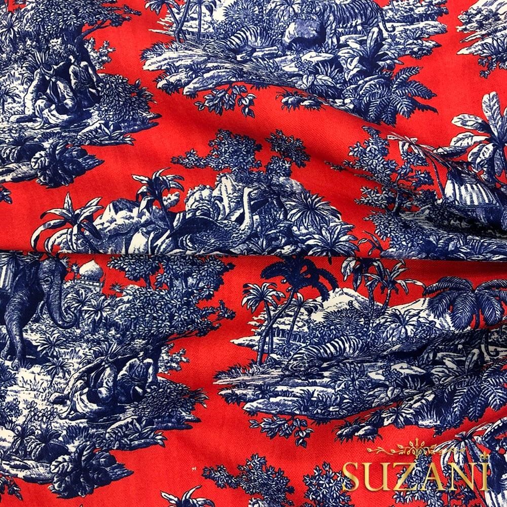 Mercan Bleu Blanc Desenli Dijital Baskılı Kumaş