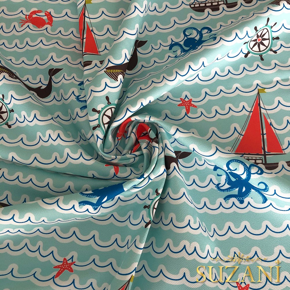 Mint Dalga Desenli Dijital Baskılı Kumaş