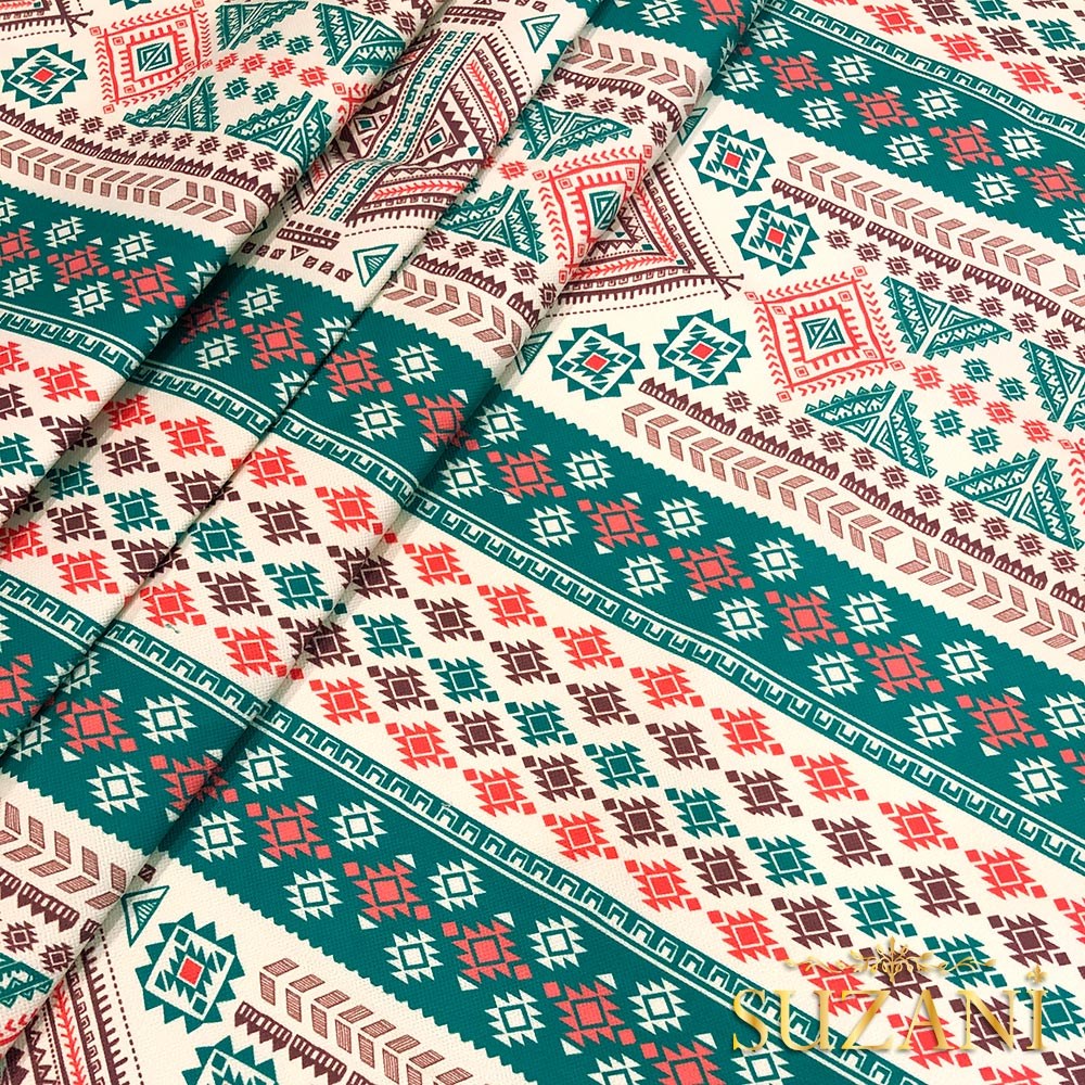 Mint Etnik Desenli Dijital Baskılı Kumaş
