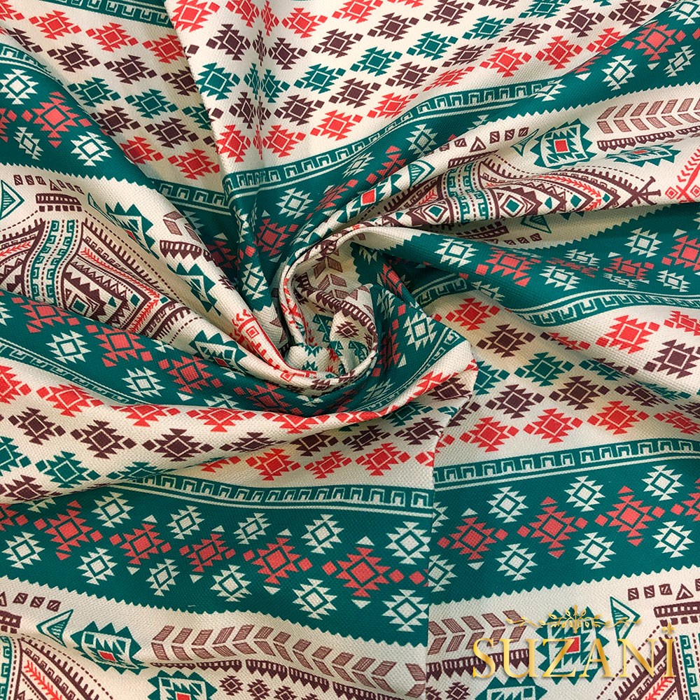 Mint Etnik Desenli Dijital Baskılı Kumaş