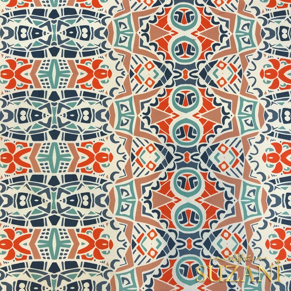 Mint-Turuncu Etnik Desenli Dijital Baskılı Kumaş