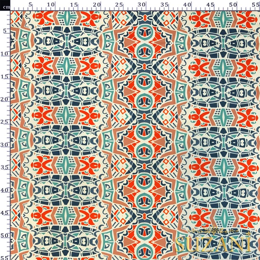 Mint-Turuncu Etnik Desenli Dijital Baskılı Kumaş