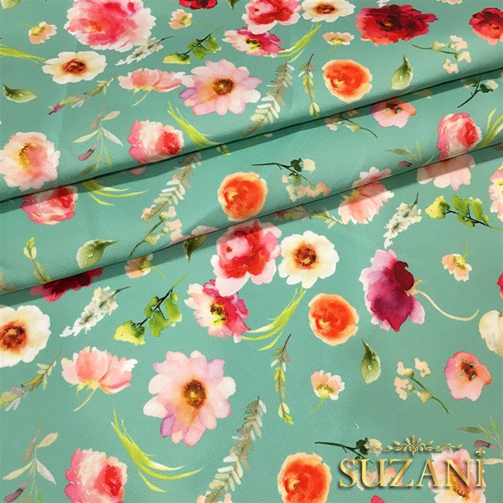 Mint Zemin Bordo Güller Desenli Kumaş