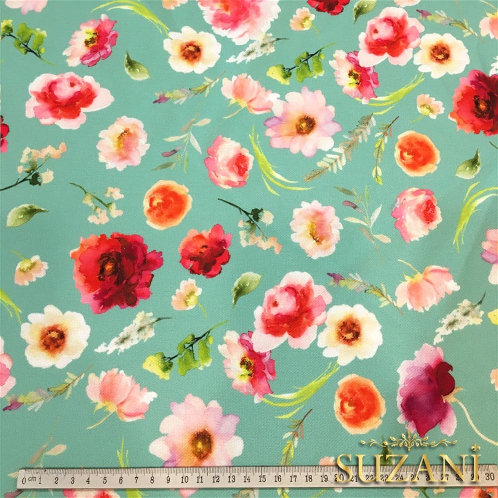 Mint Zemin Bordo Güller Desenli Kumaş