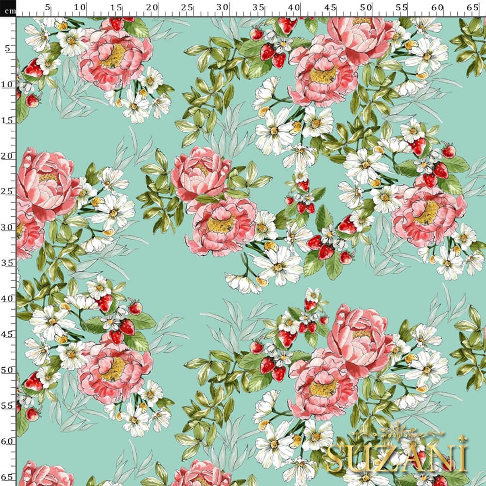 Mint Zemin Şakayık Desenli Dijital Baskılı Kumaş