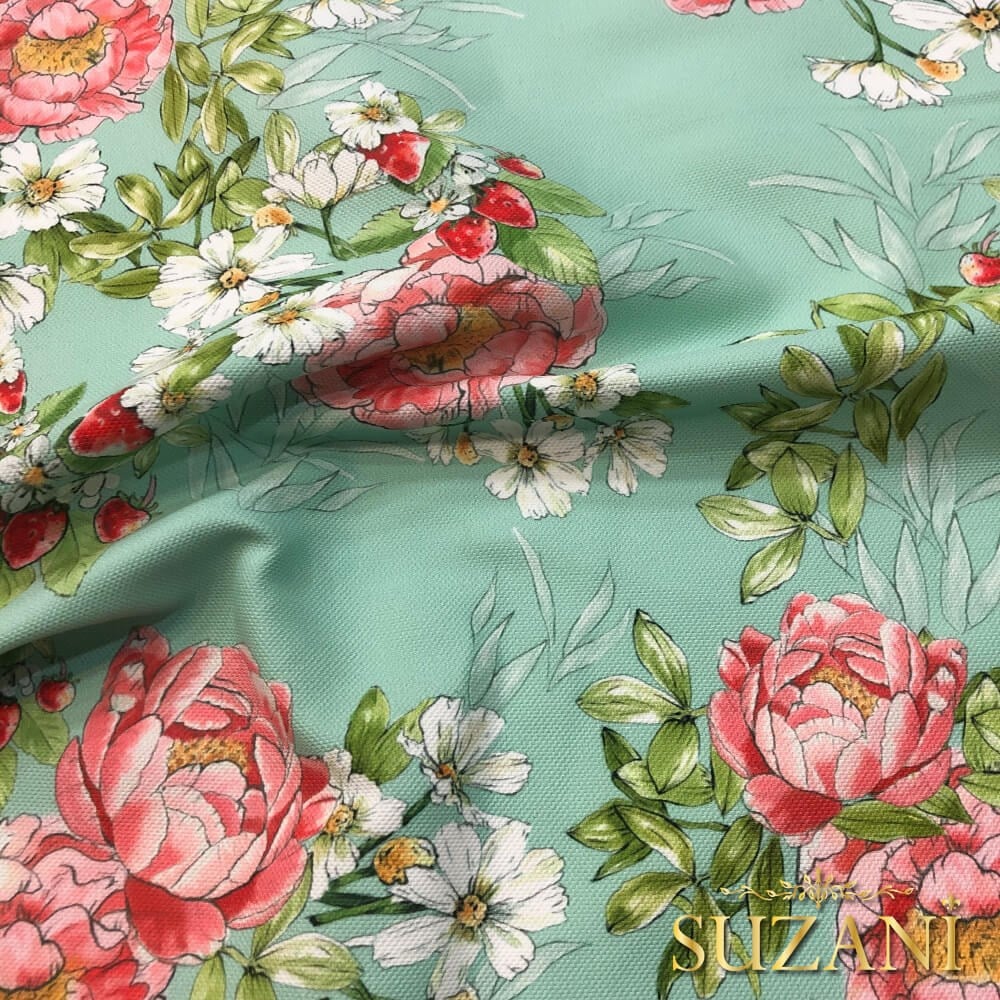 Mint Zemin Şakayık Desenli Dijital Baskılı Kumaş