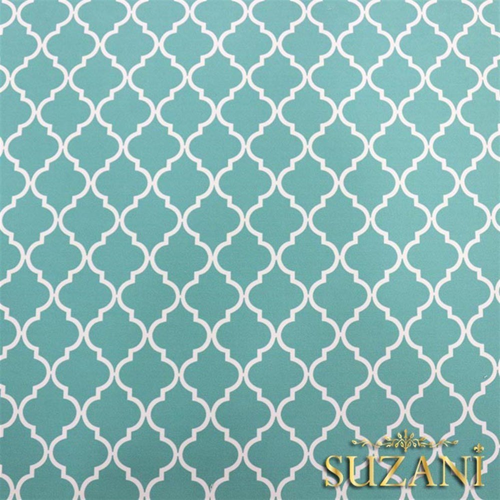 Mint Zemin Üzeri Beyaz Moroccan Desenli Kumaş