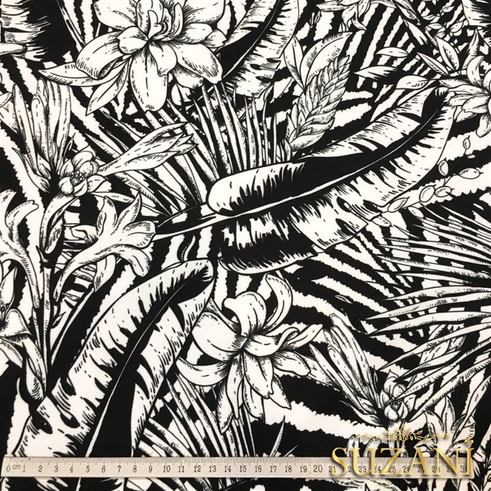 Monokrom Yapraklar Desenli Kumaş