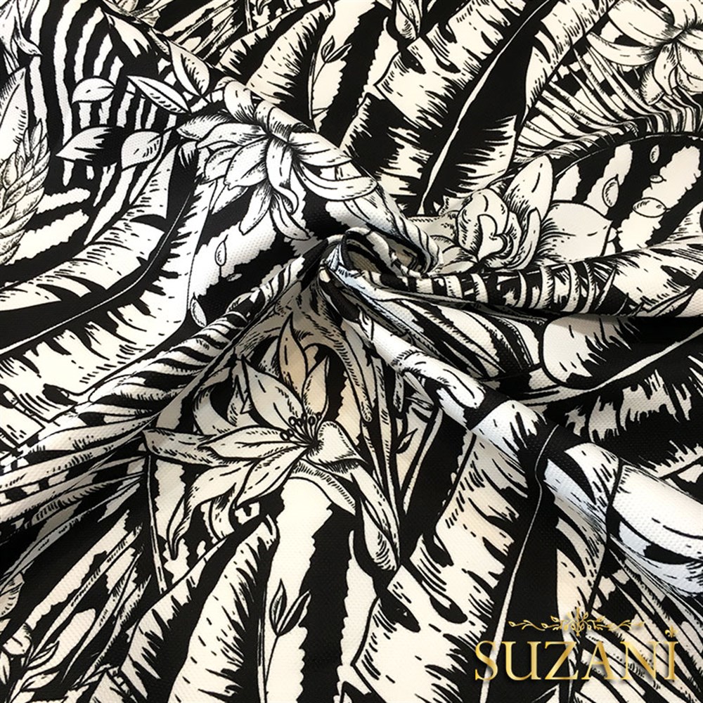 Monokrom Yapraklar Desenli Kumaş