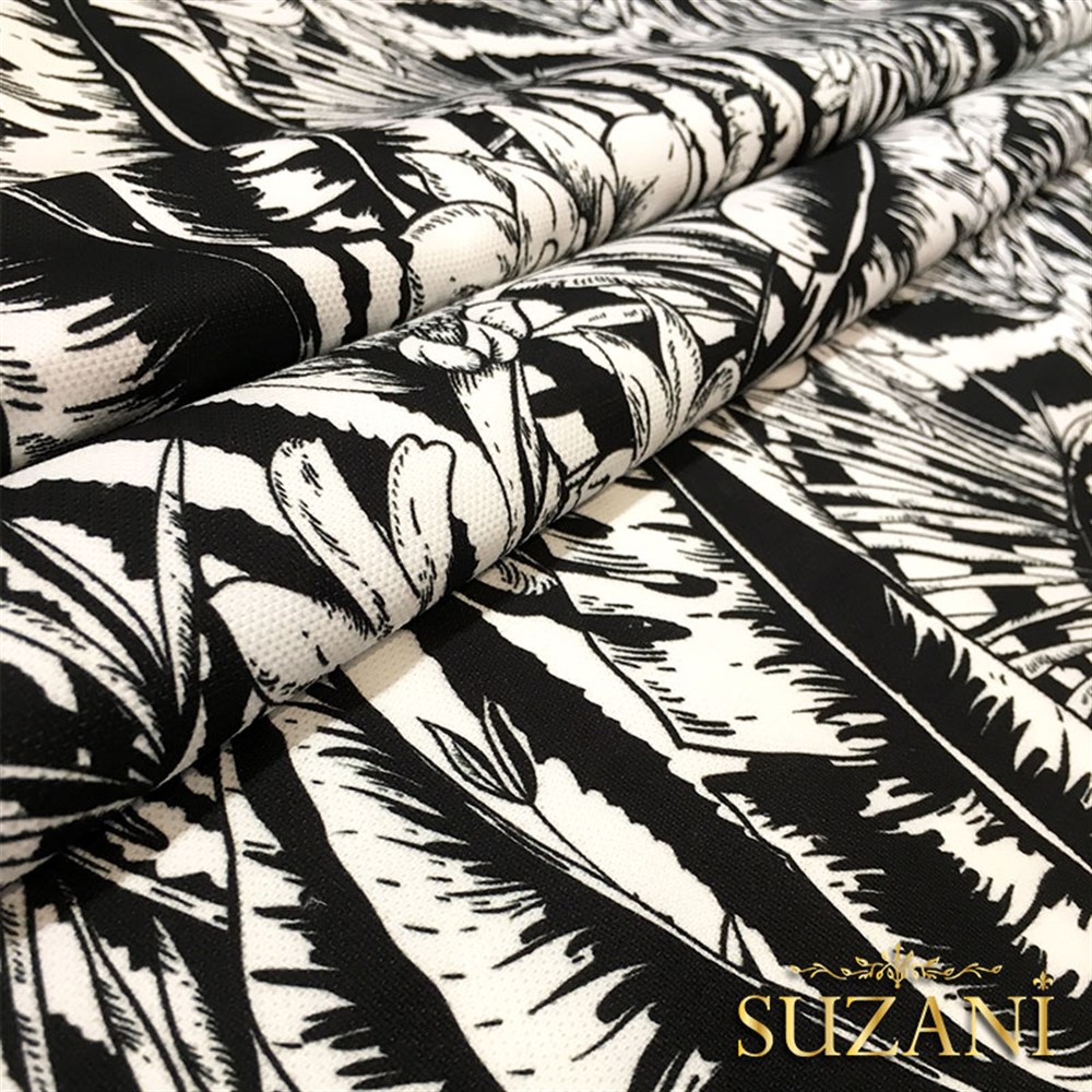 Monokrom Yapraklar Desenli Kumaş