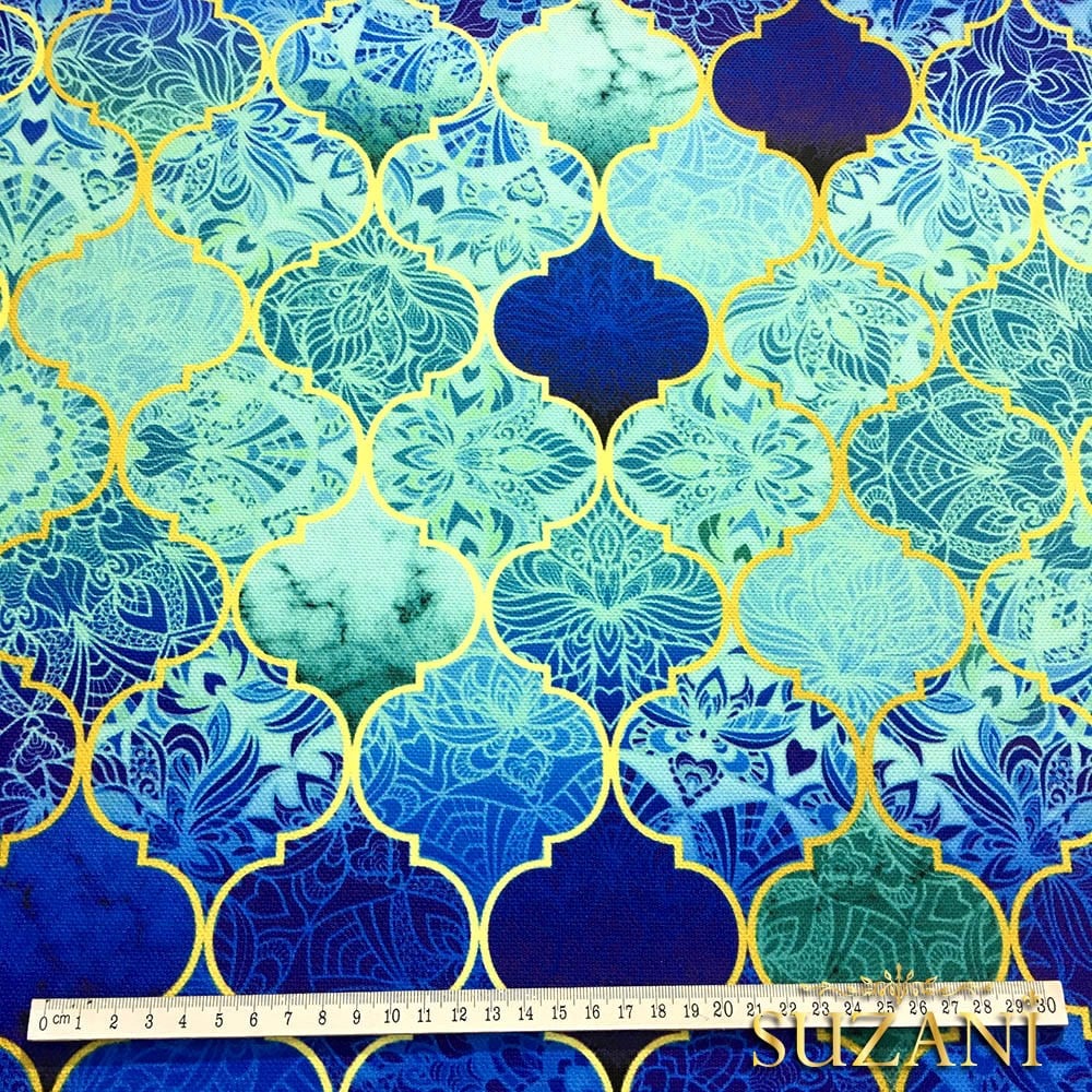 Motifli Turkuaz Moroccan Desenli Kumaş