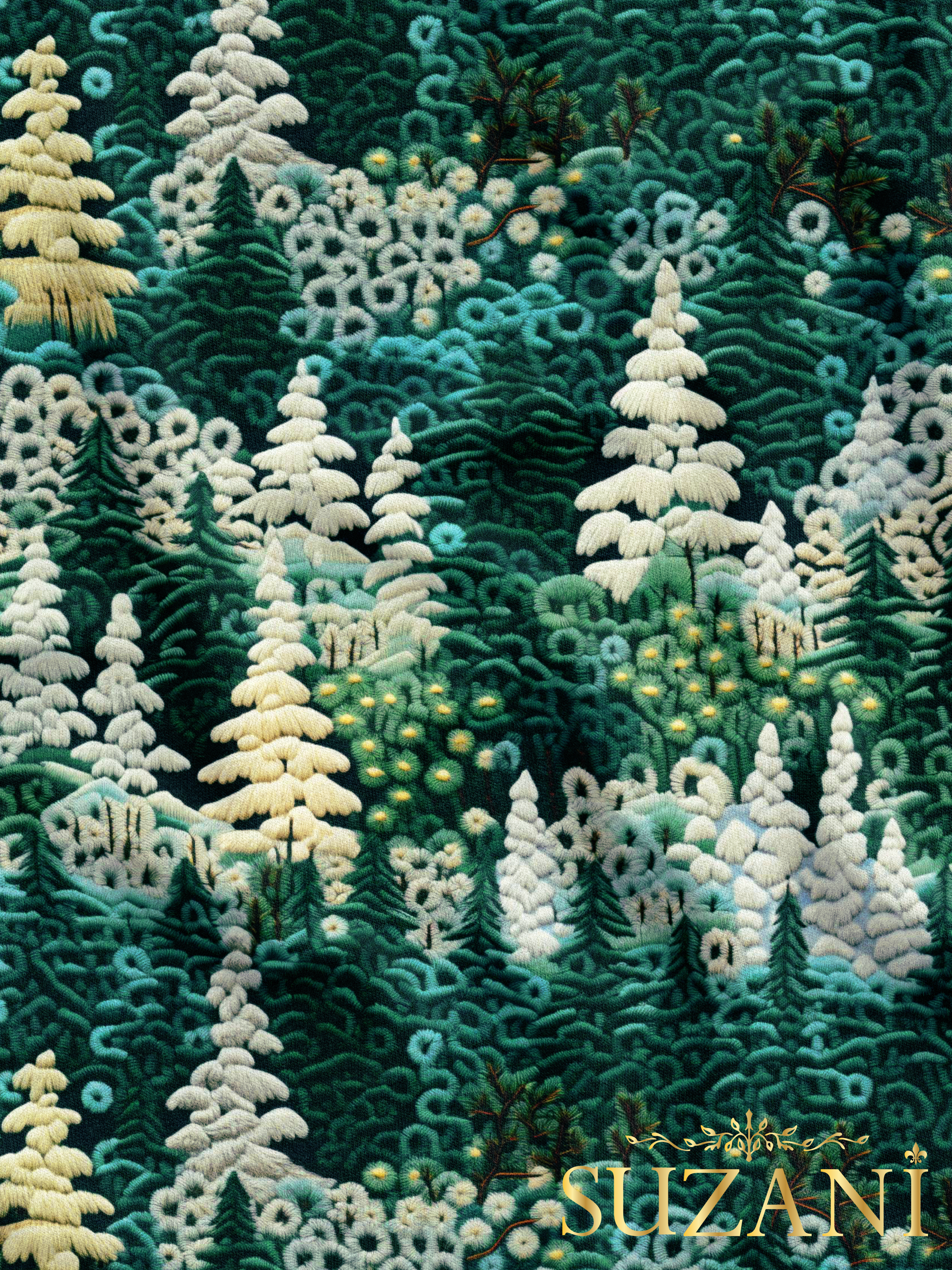 Nakış Efektli Çam Ağacı Desenli Dijital Baskılı Kumaş