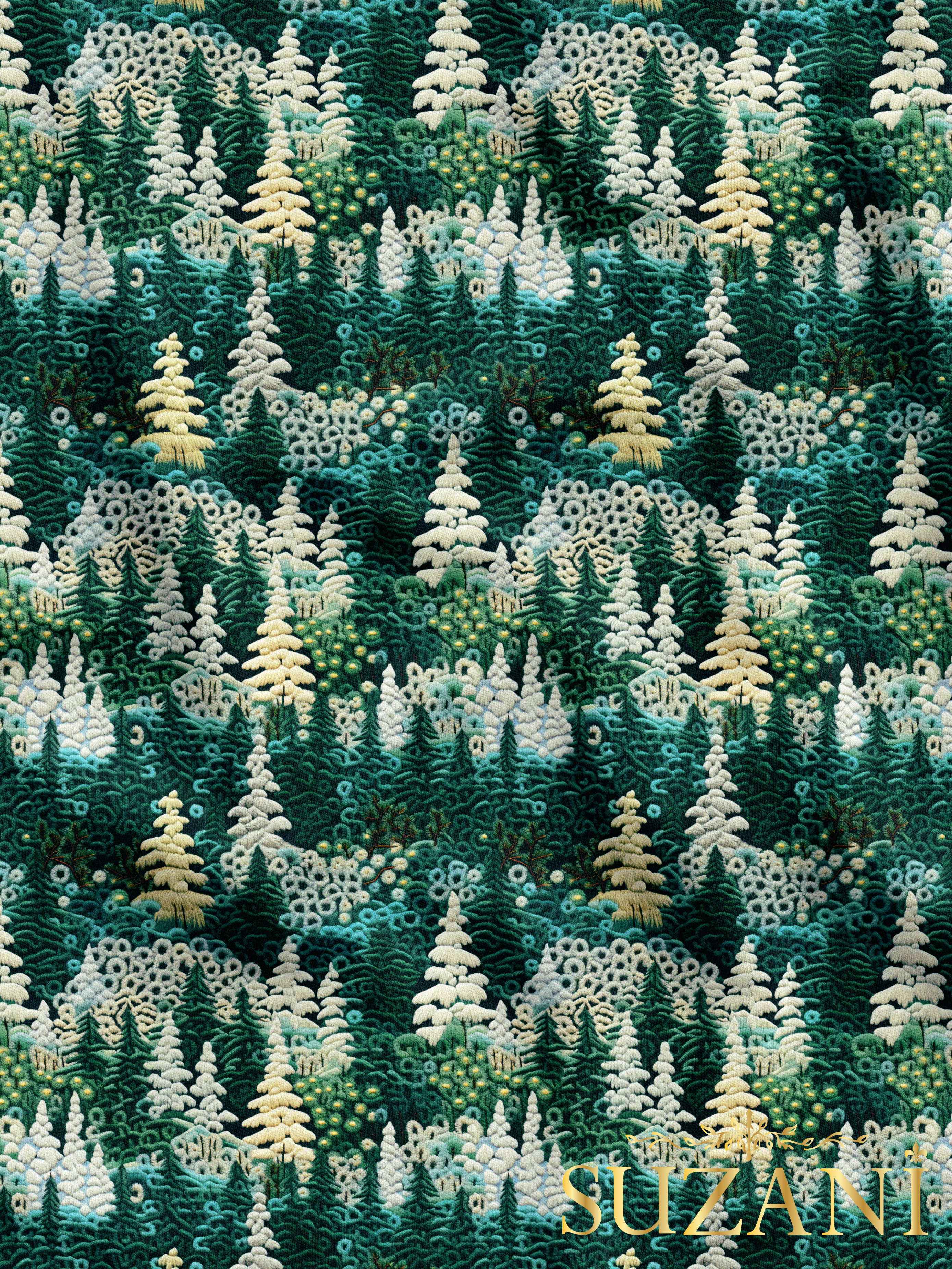 Nakış Efektli Çam Ağacı Desenli Dijital Baskılı Kumaş