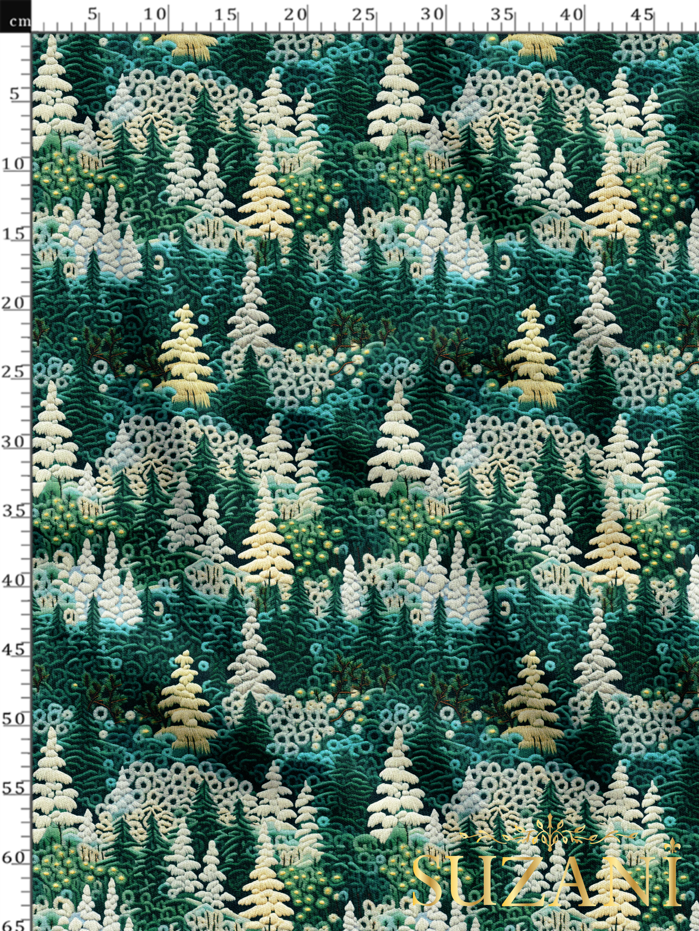 Nakış Efektli Çam Ağacı Desenli Dijital Baskılı Kumaş