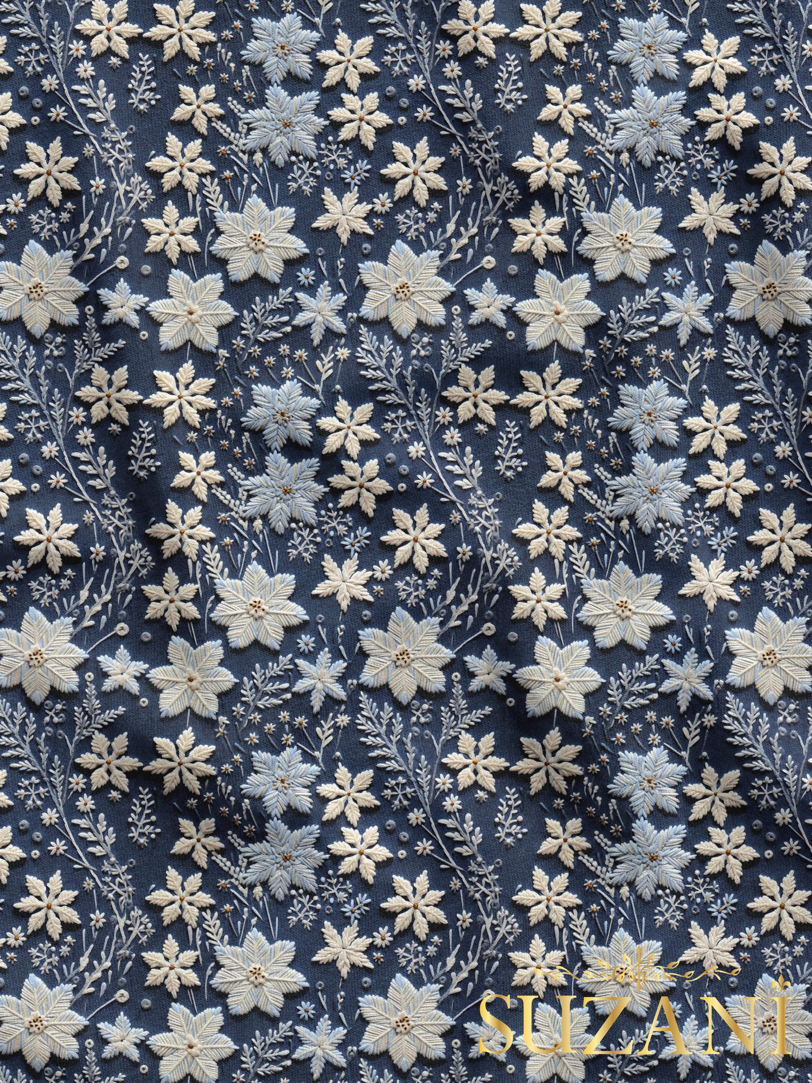 Nakış Efektli Kar Tanesi Desenli Dijital Baskılı Kumaş