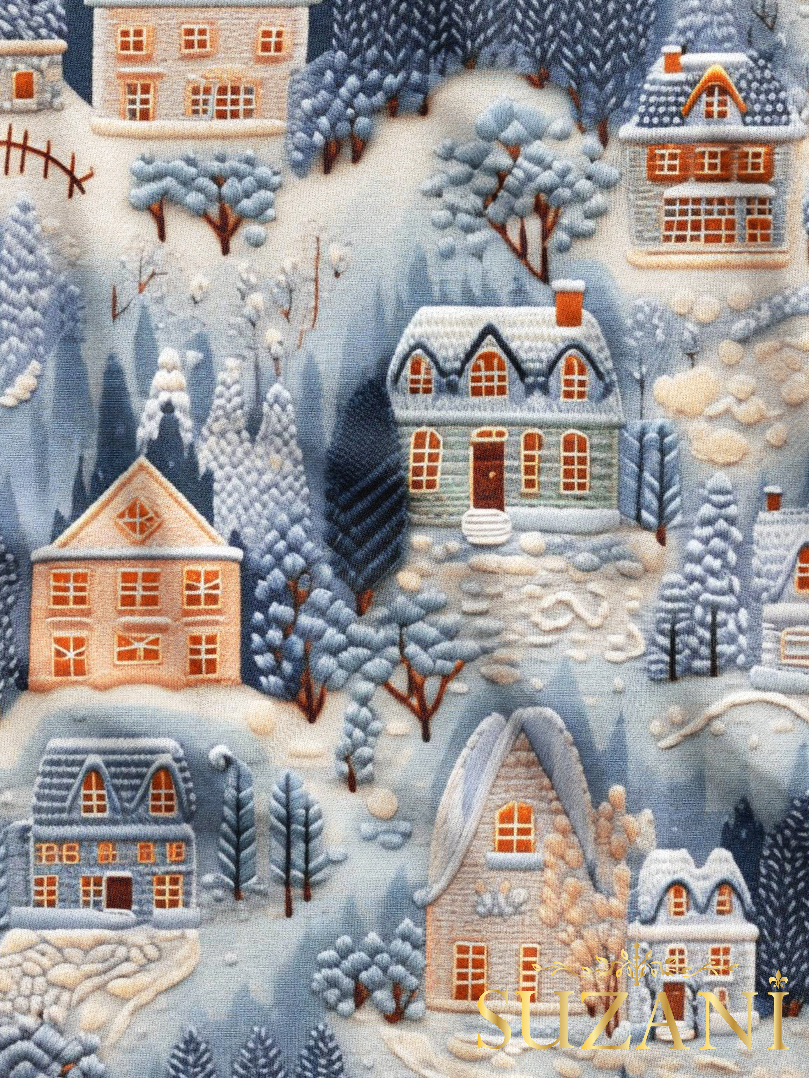 Nakış Efektli Kış Evleri Desenli Dijital Baskılı Kumaş