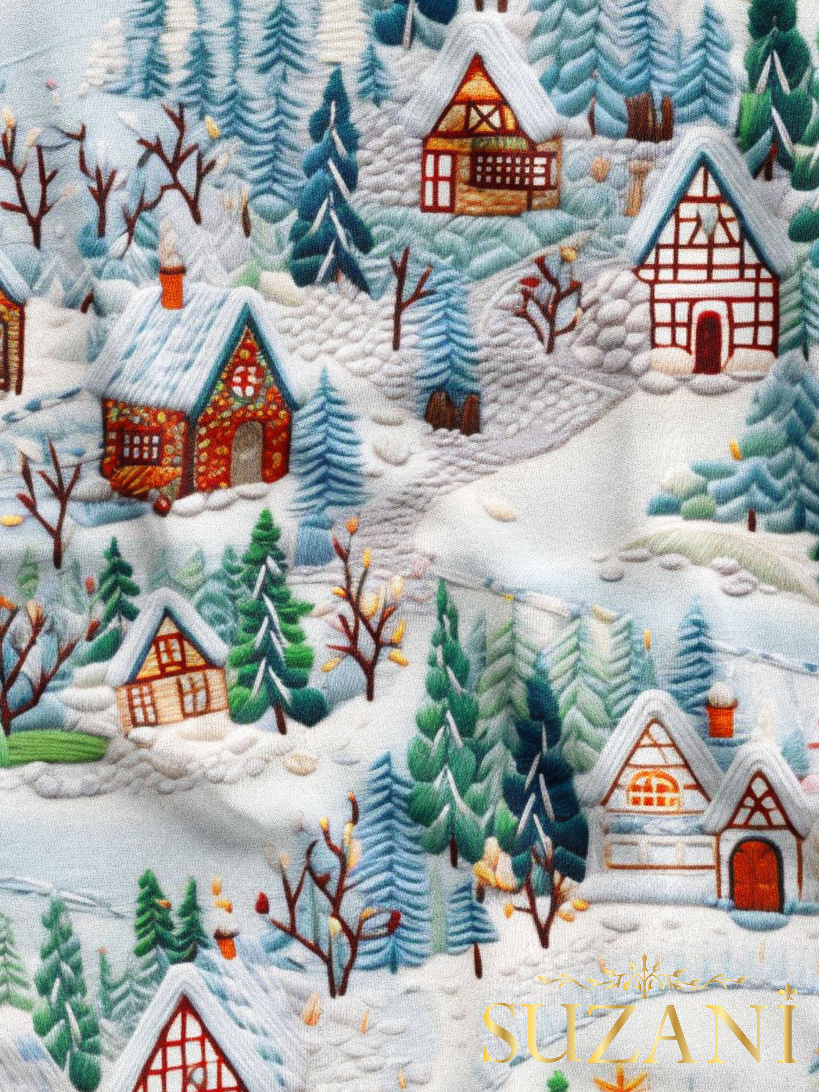 Nakış Efektli Kış Evleri Desenli Dijital Baskılı Kumaş