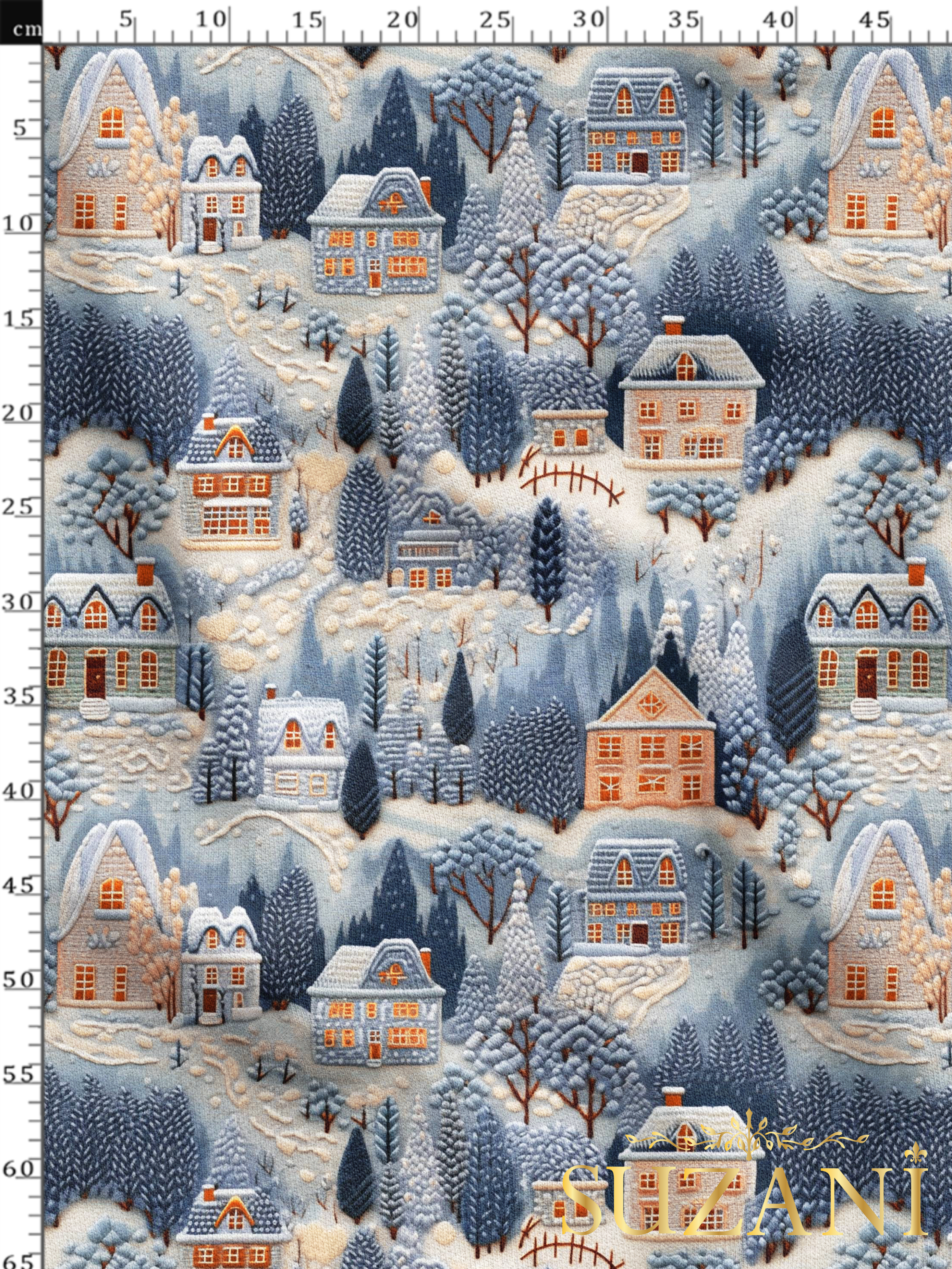 Nakış Efektli Kış Evleri Desenli Dijital Baskılı Kumaş