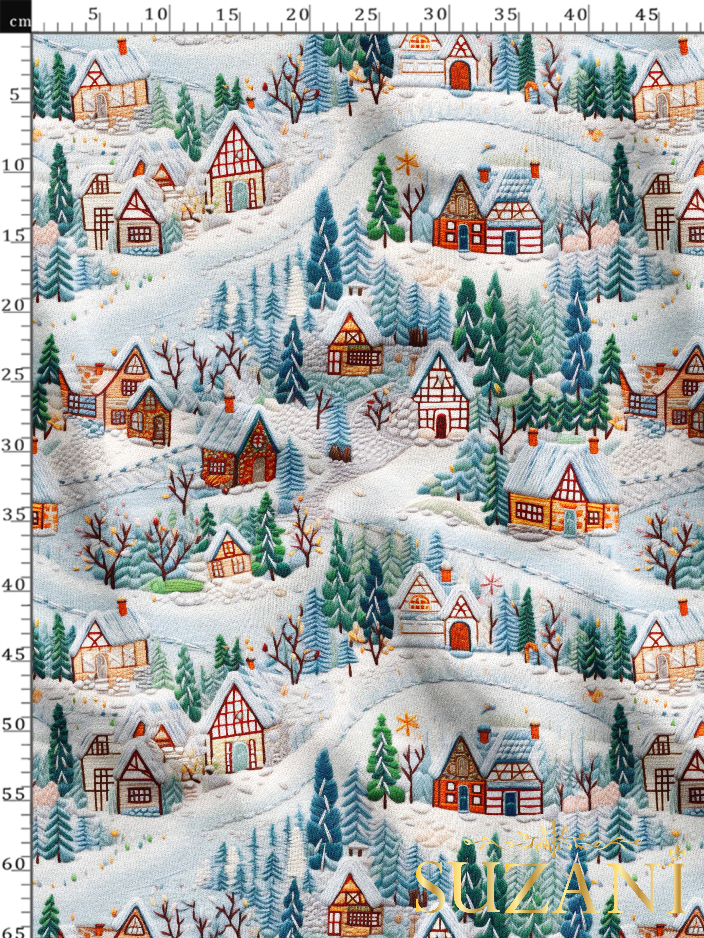 Nakış Efektli Kış Evleri Desenli Dijital Baskılı Kumaş