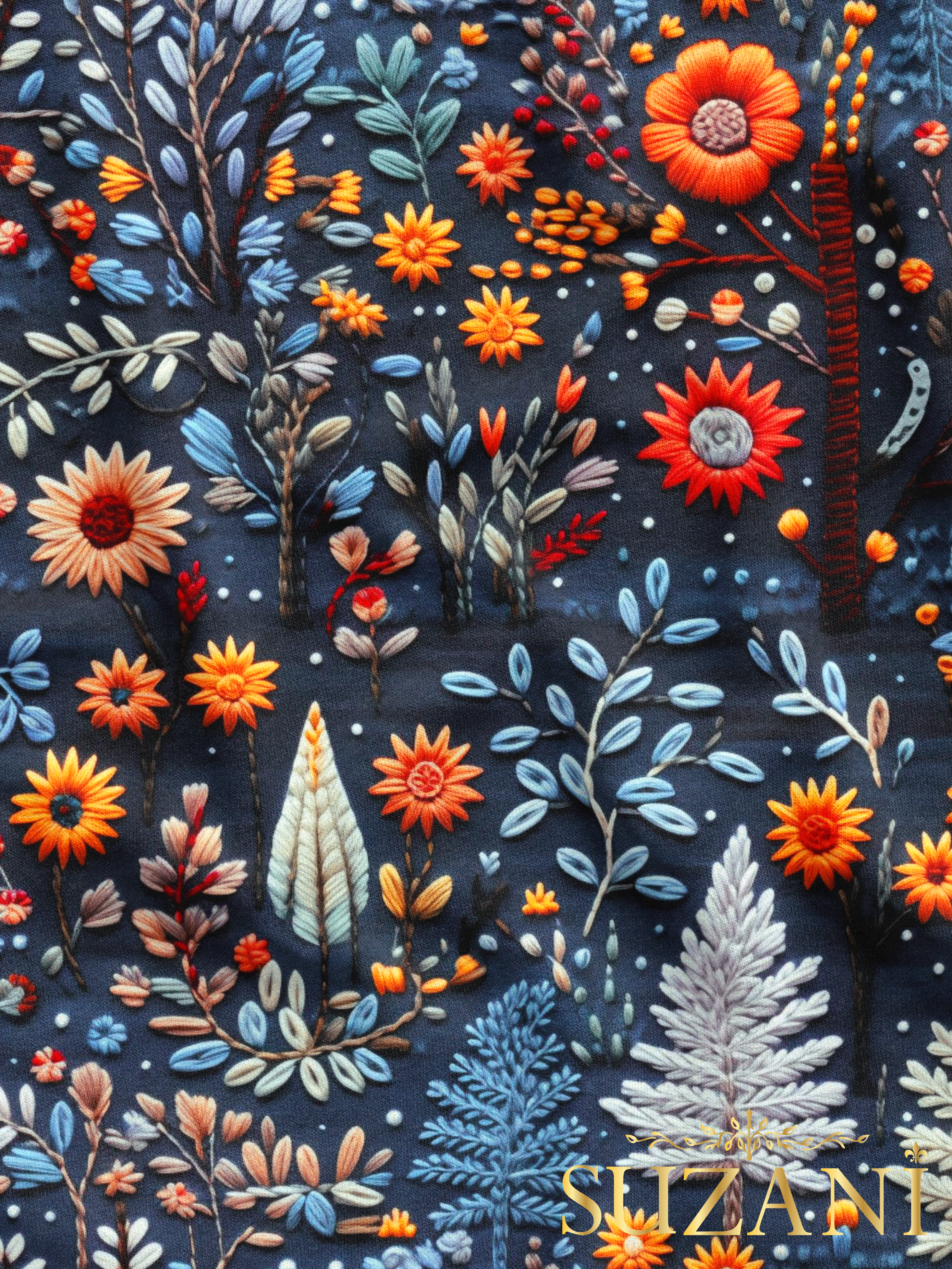 Nakış Efektli Kış Evleri Desenli Dijital Baskılı Kumaş