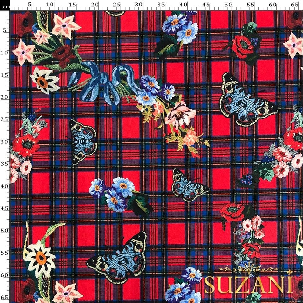 Nakışlı Ekose Desenli Dijital Baskılı Kumaş