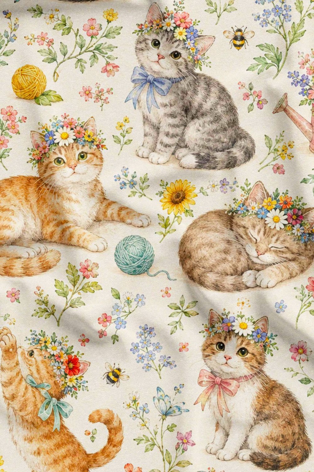Neşeli Kediler Desenli Dijital Baskılı Kumaş