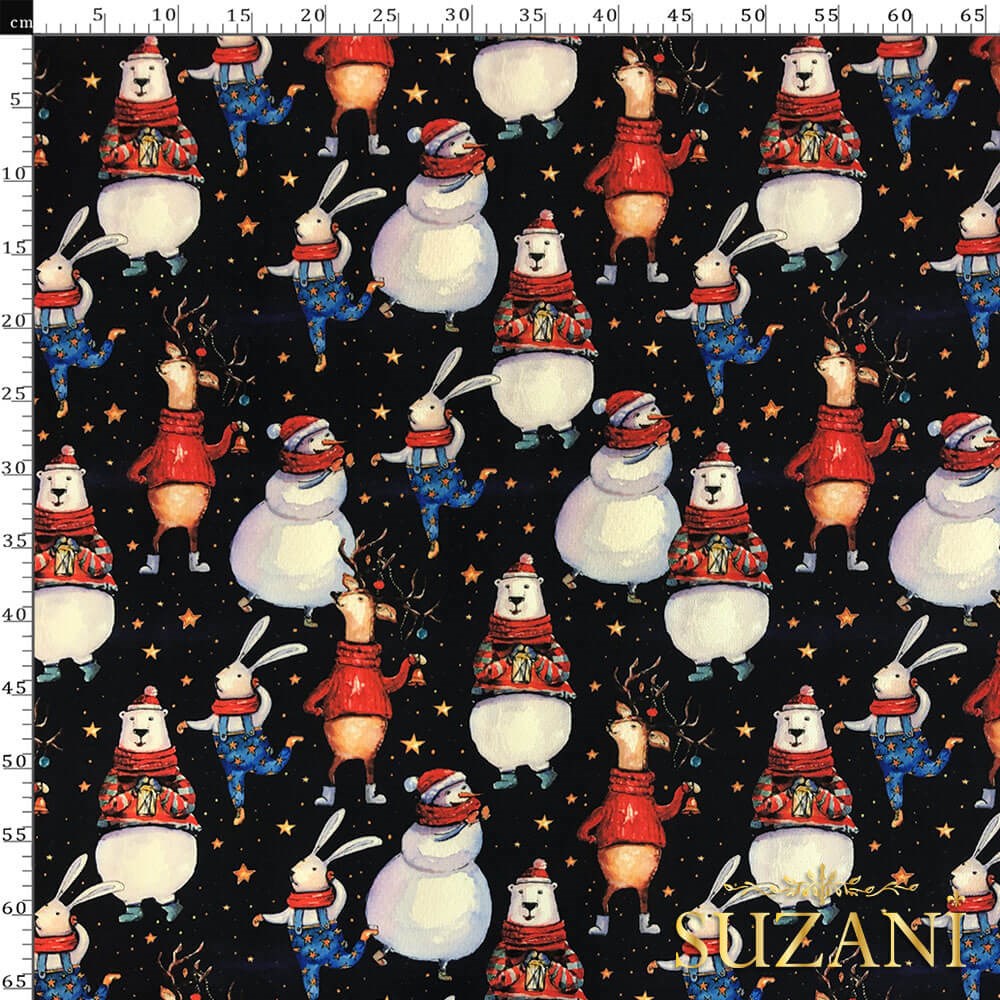 Neşeli Yılbaşı Hayvanları Desenli Dijital Baskılı Kumaş