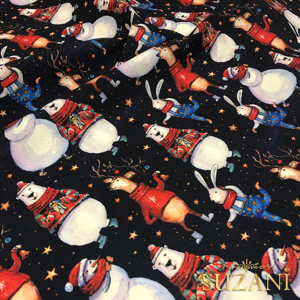 Neşeli Yılbaşı Hayvanları Desenli Dijital Baskılı Kumaş