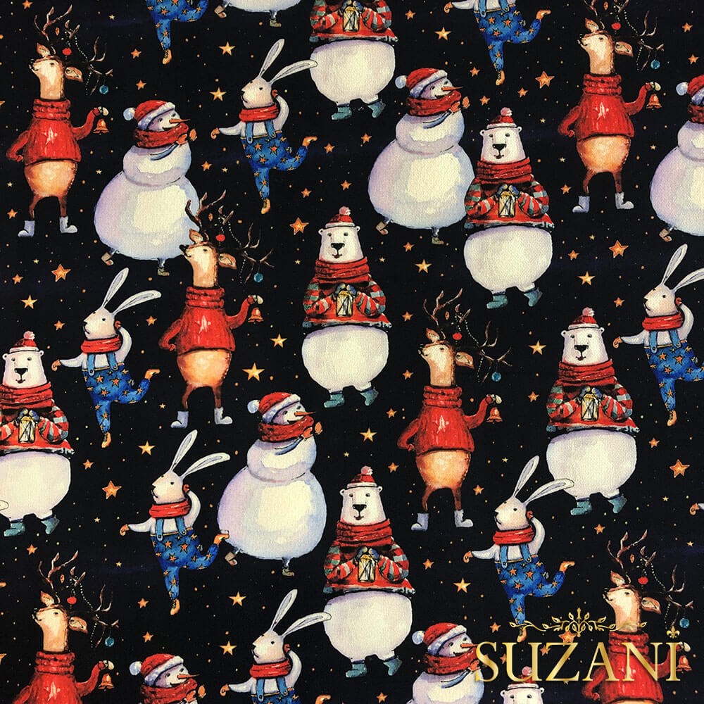 Neşeli Yılbaşı Hayvanları Desenli Dijital Baskılı Kumaş