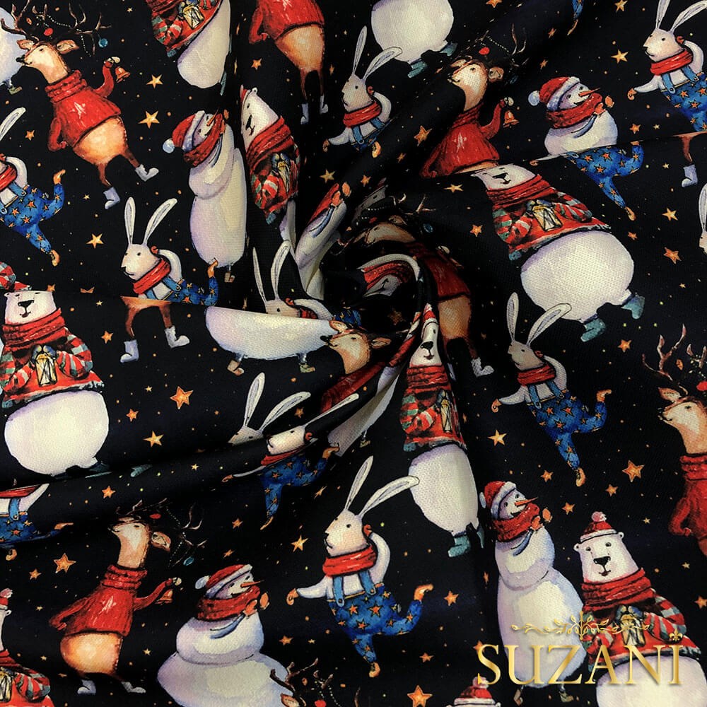 Neşeli Yılbaşı Hayvanları Desenli Dijital Baskılı Kumaş