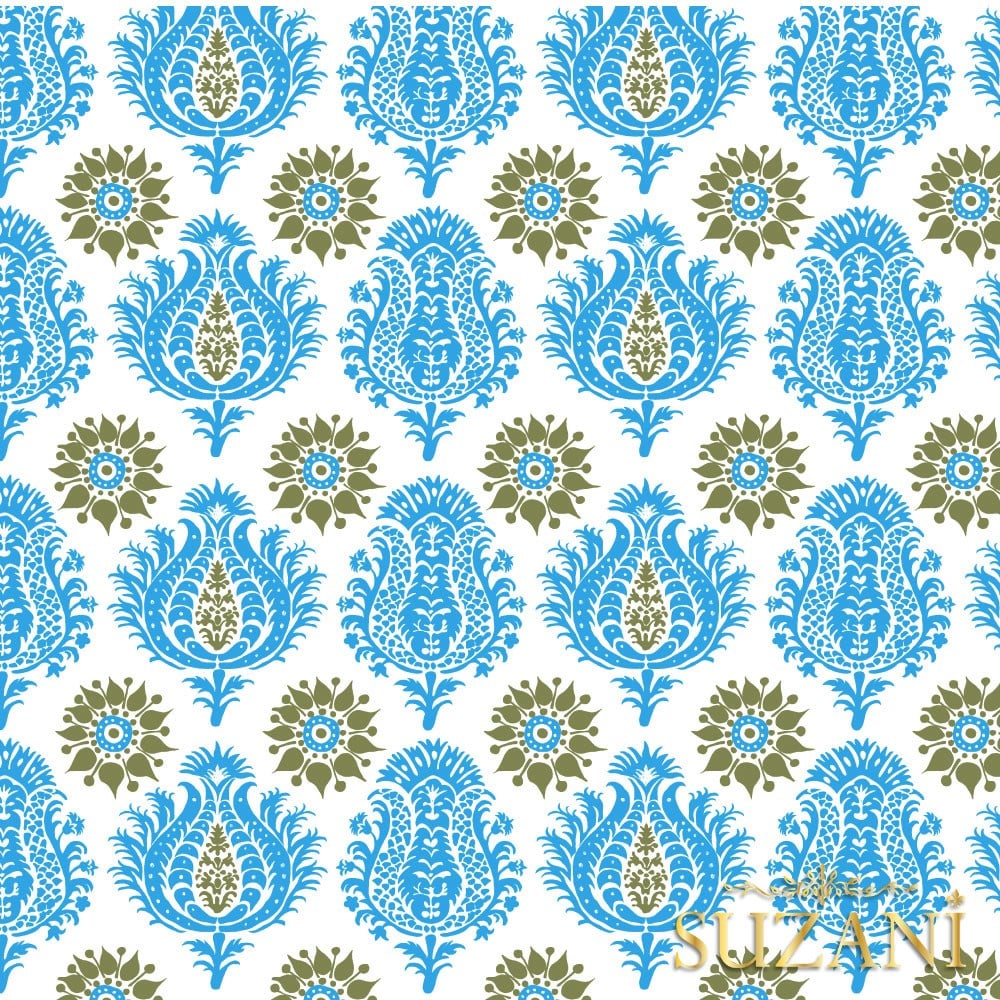 Okyanus Mavi Damask Desenli Dijital Baskılı Kumaş