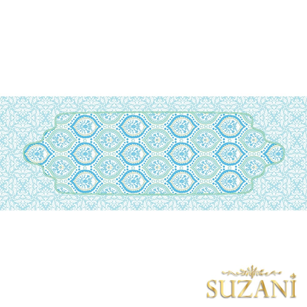 Okyanus Mavi Damask Desenli Dikişsiz Runner Kumaşı