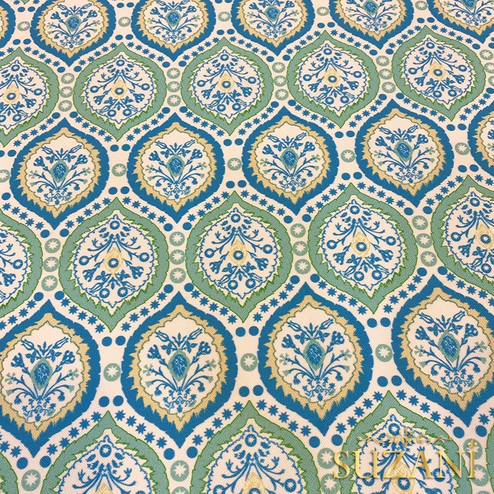 Okyanus Mavi Damla Damask Desenli Dijital Baskılı Kumaş