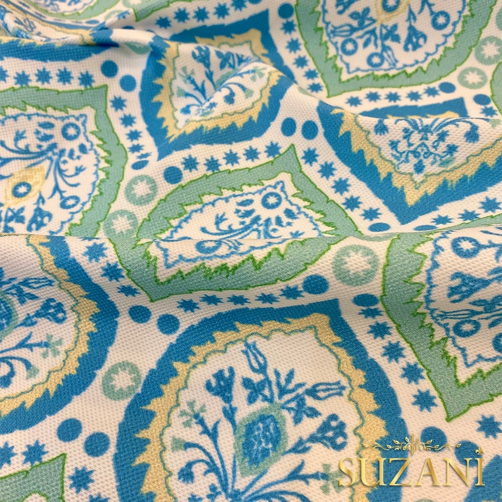 Okyanus Mavi Damla Damask Desenli Dijital Baskılı Kumaş