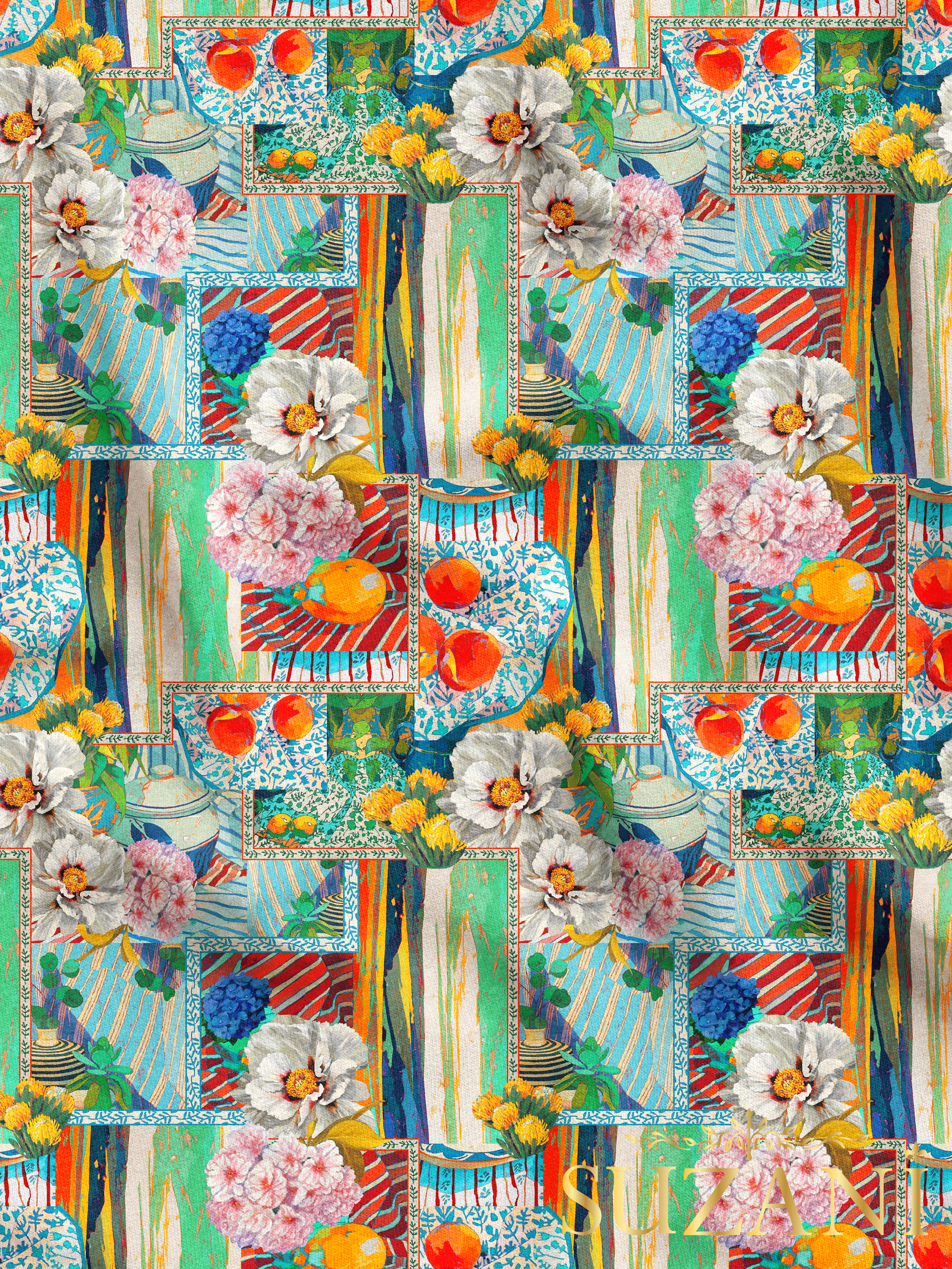 Patchwork Çiçek Desenli Dijital Baskılı Kumaş