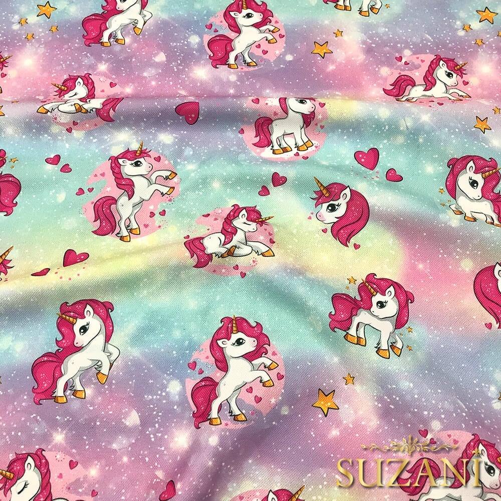 Pembe Unicorn Desenli Dijital Baskılı Kumaş