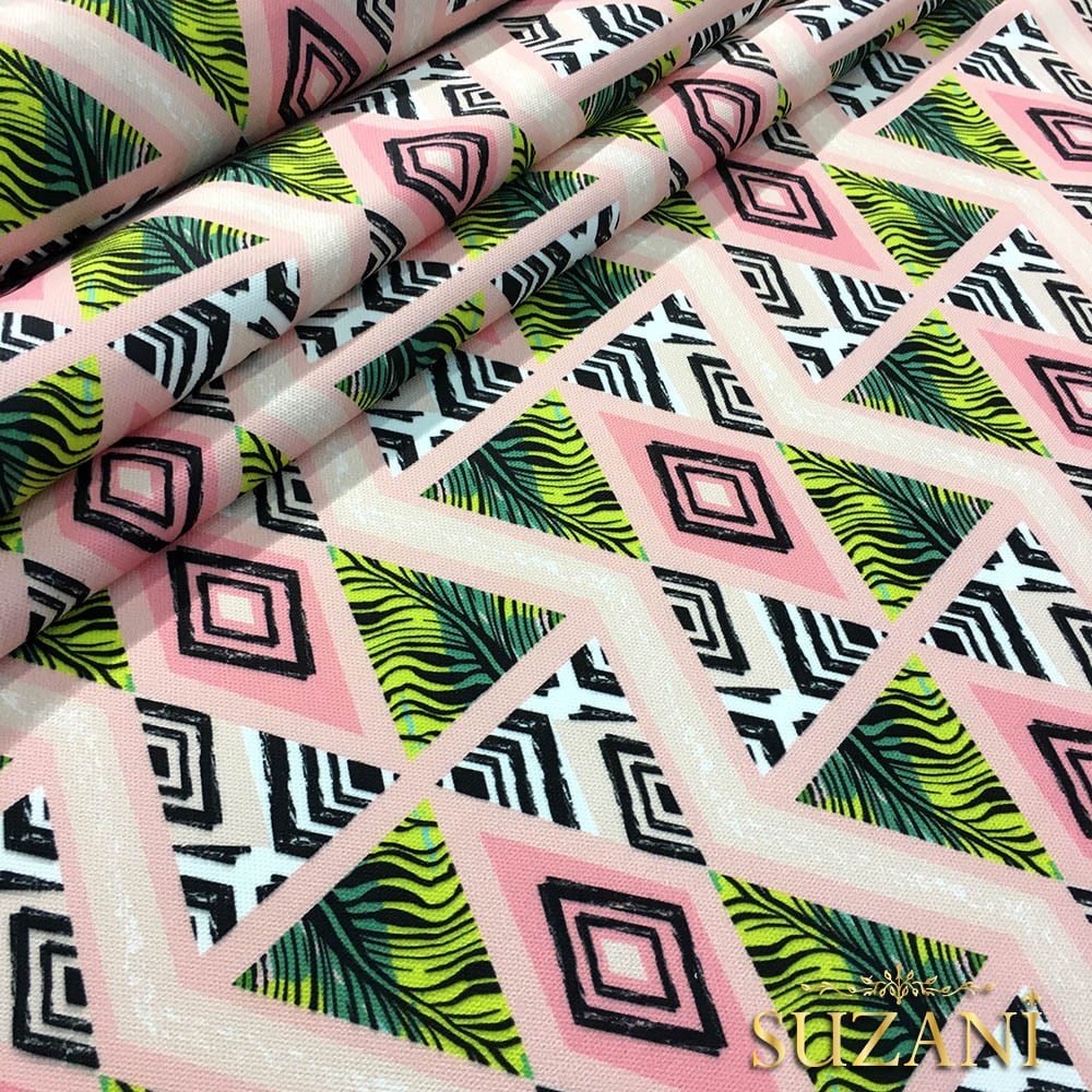 Pembe Yeşil Karo Üçgen Desenli Kumaş