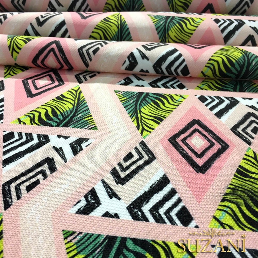 Pembe Yeşil Karo Üçgen Desenli Kumaş