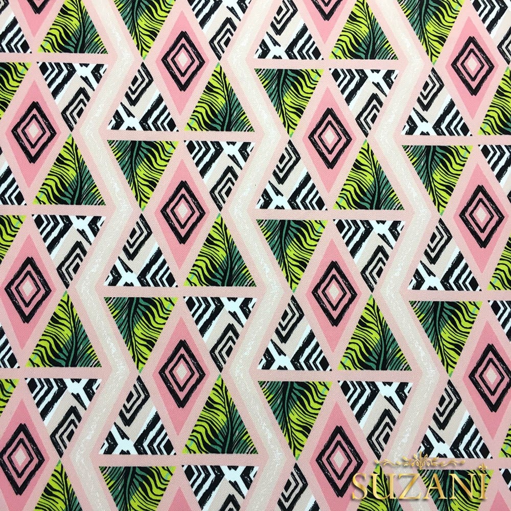 Pembe Yeşil Karo Üçgen Desenli Kumaş