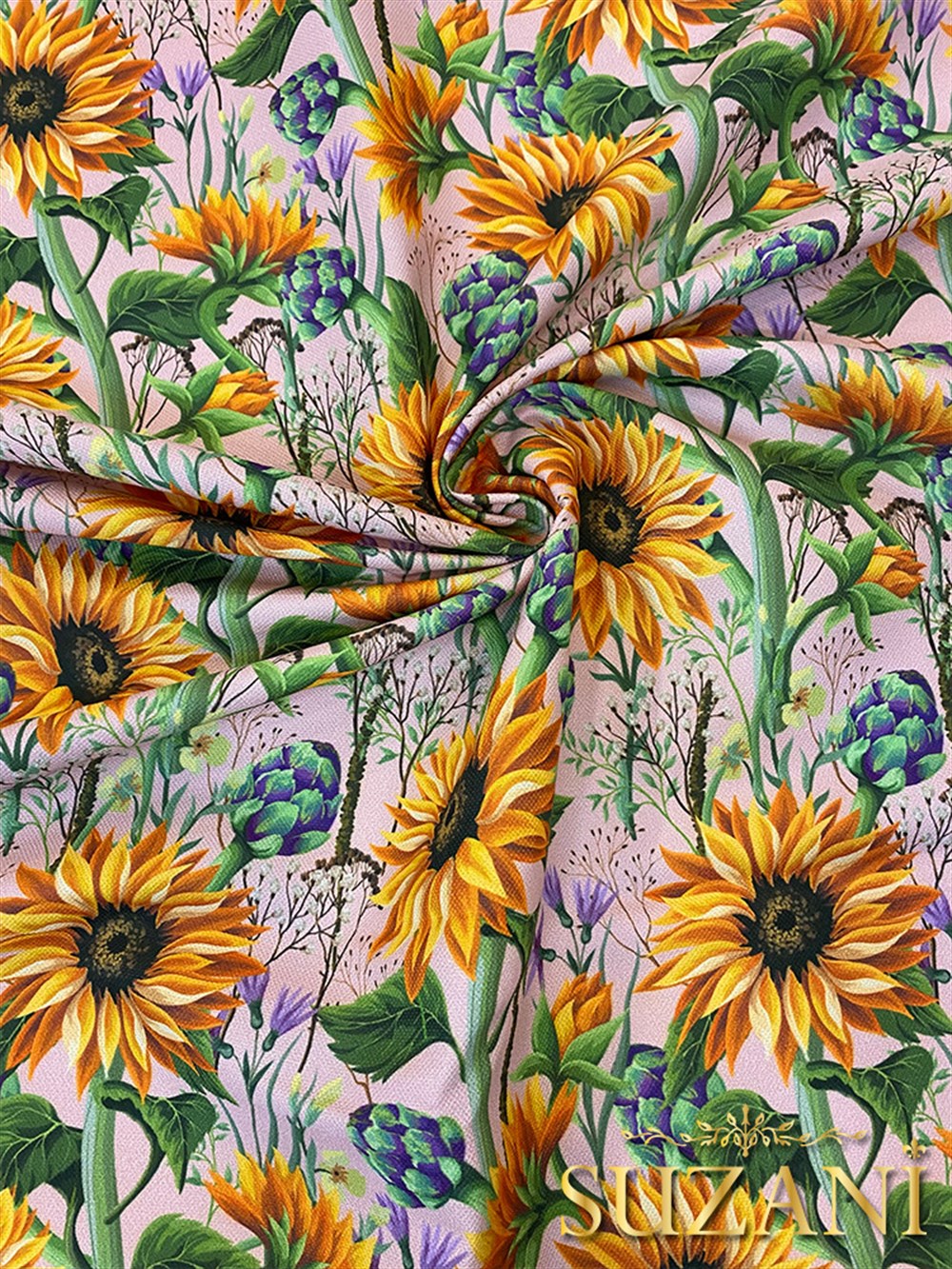 Pembe Zemin Ayçiçeği Desenli Dijital Baskılı Kumaş