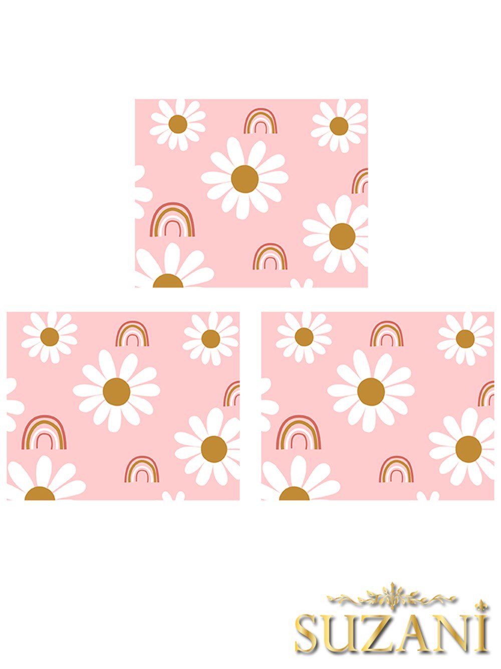 Pembe Zemin Çiçek Desenli 3'lü Beslenme Örtüsü, Amerikan Servisi Kumaşı