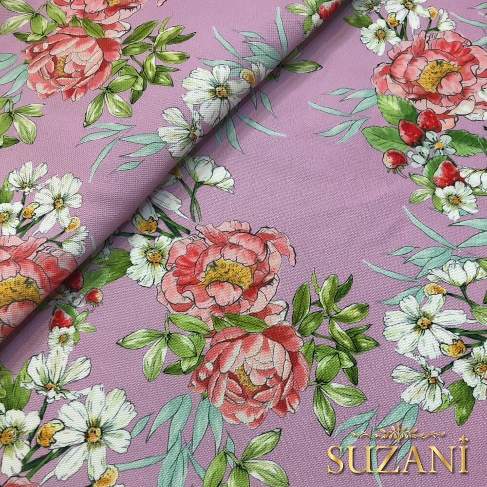 Pembe Zemin Şakayık Desenli Dijital Baskılı Kumaş