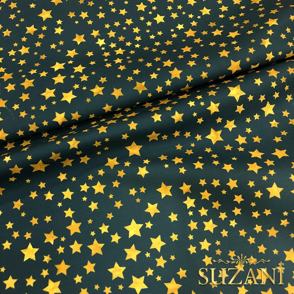 Petrol Zemin Gold Yıldız Desenli Dijital Baskılı Kumaş