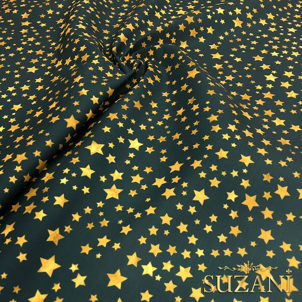 Petrol Zemin Gold Yıldız Desenli Dijital Baskılı Kumaş
