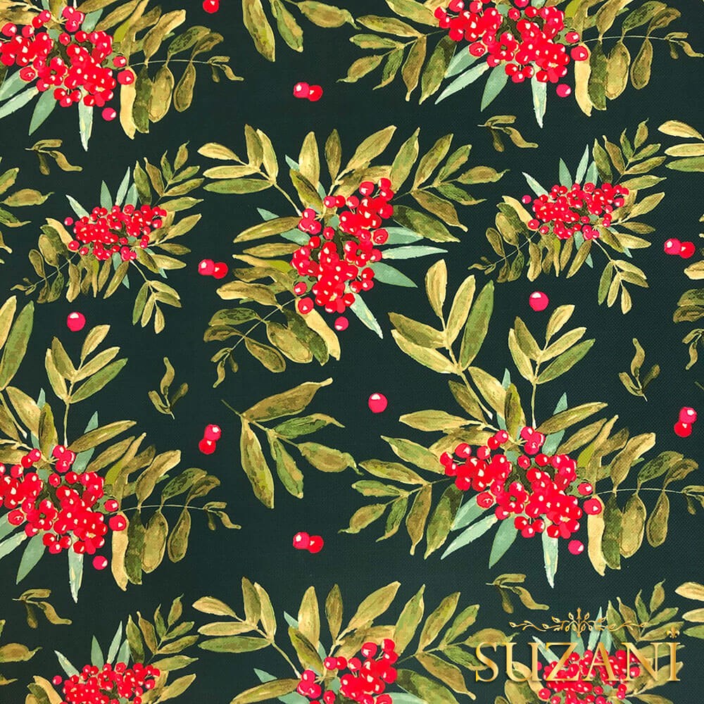 Petrol Zemin Yılbaşı Çiçeği Desenli Dijital Baskılı Kumaş