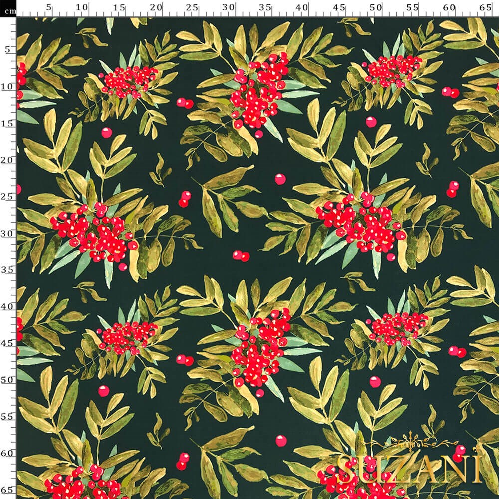 Petrol Zemin Yılbaşı Çiçeği Desenli Dijital Baskılı Kumaş