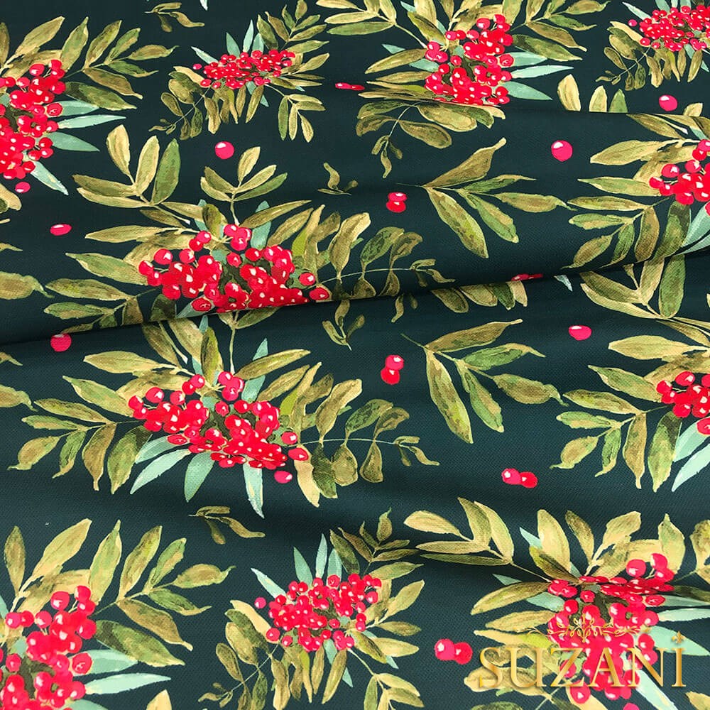 Petrol Zemin Yılbaşı Çiçeği Desenli Dijital Baskılı Kumaş