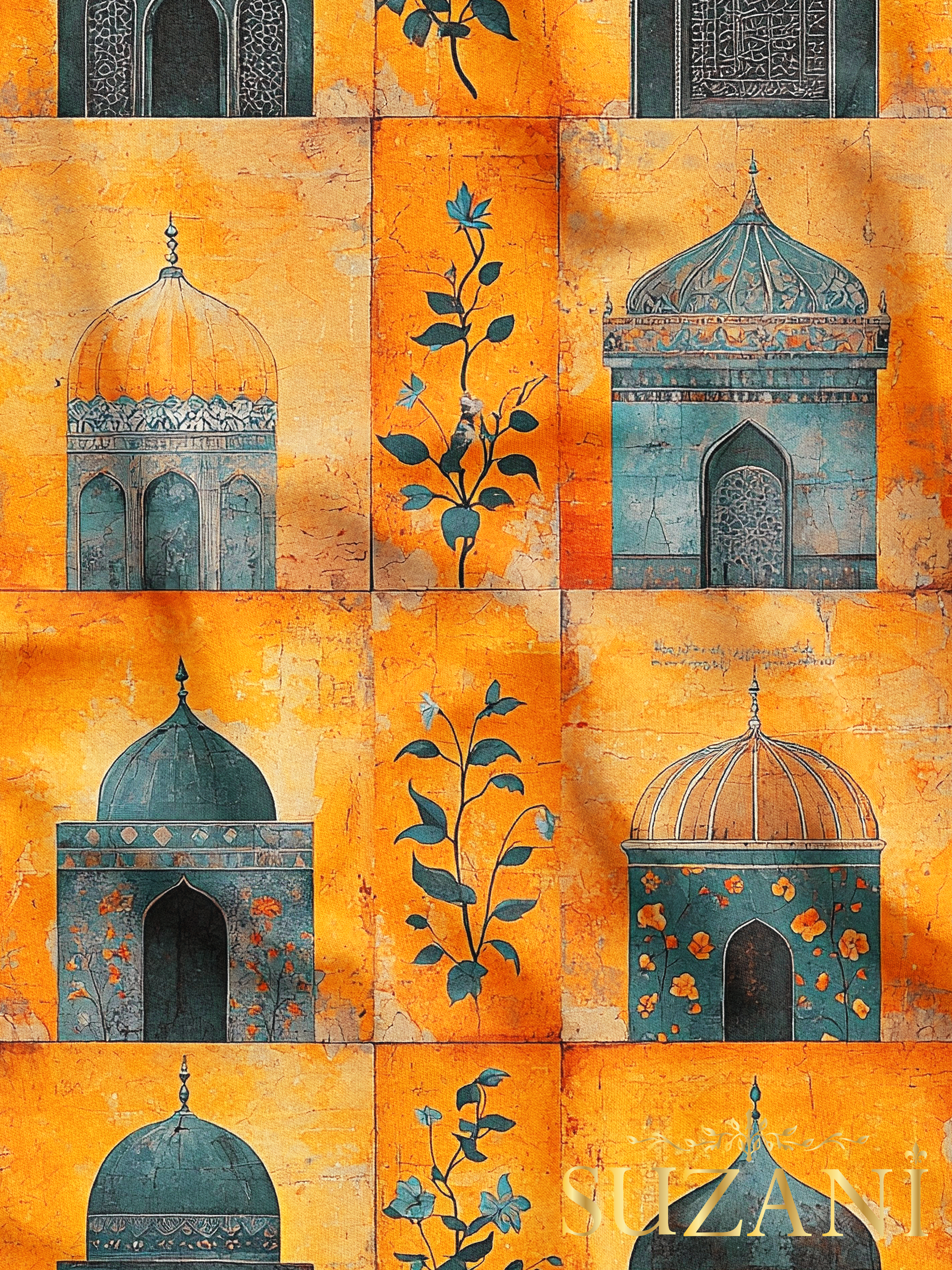 Ramazan Temalı Çiçek Şerit Patchwork Desenli Dijital Baskılı Kumaş